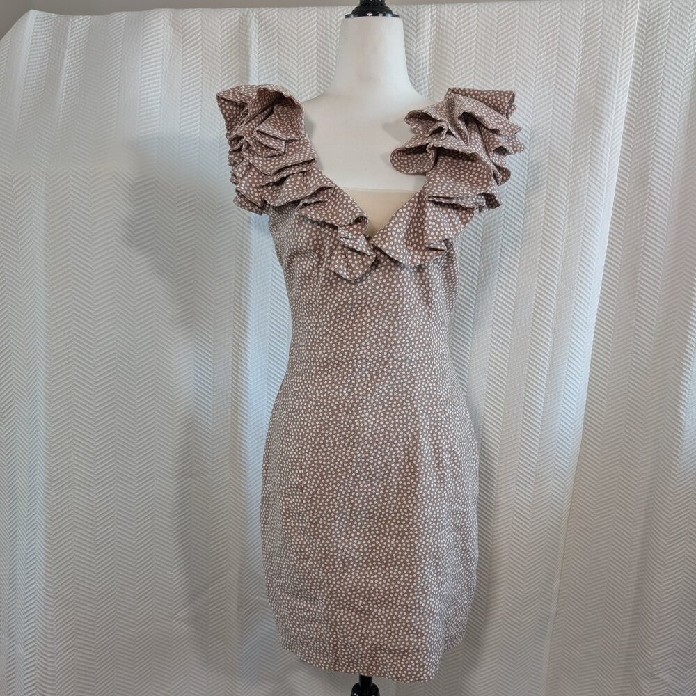 Bardot Polka Dot Frill Dress Linen Blend Tan & White Ruffles Cocktail Size 6